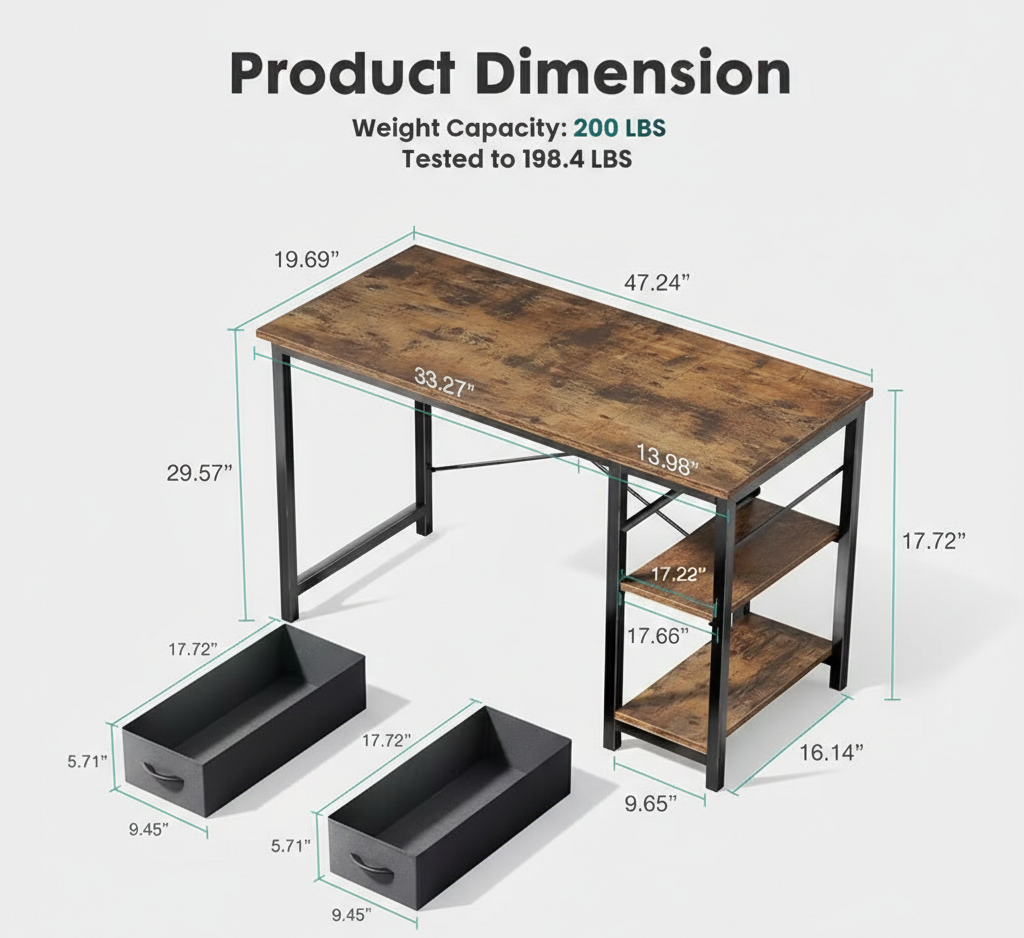 Computer Desk with Fabric Drawers – 40 or 47 Inch