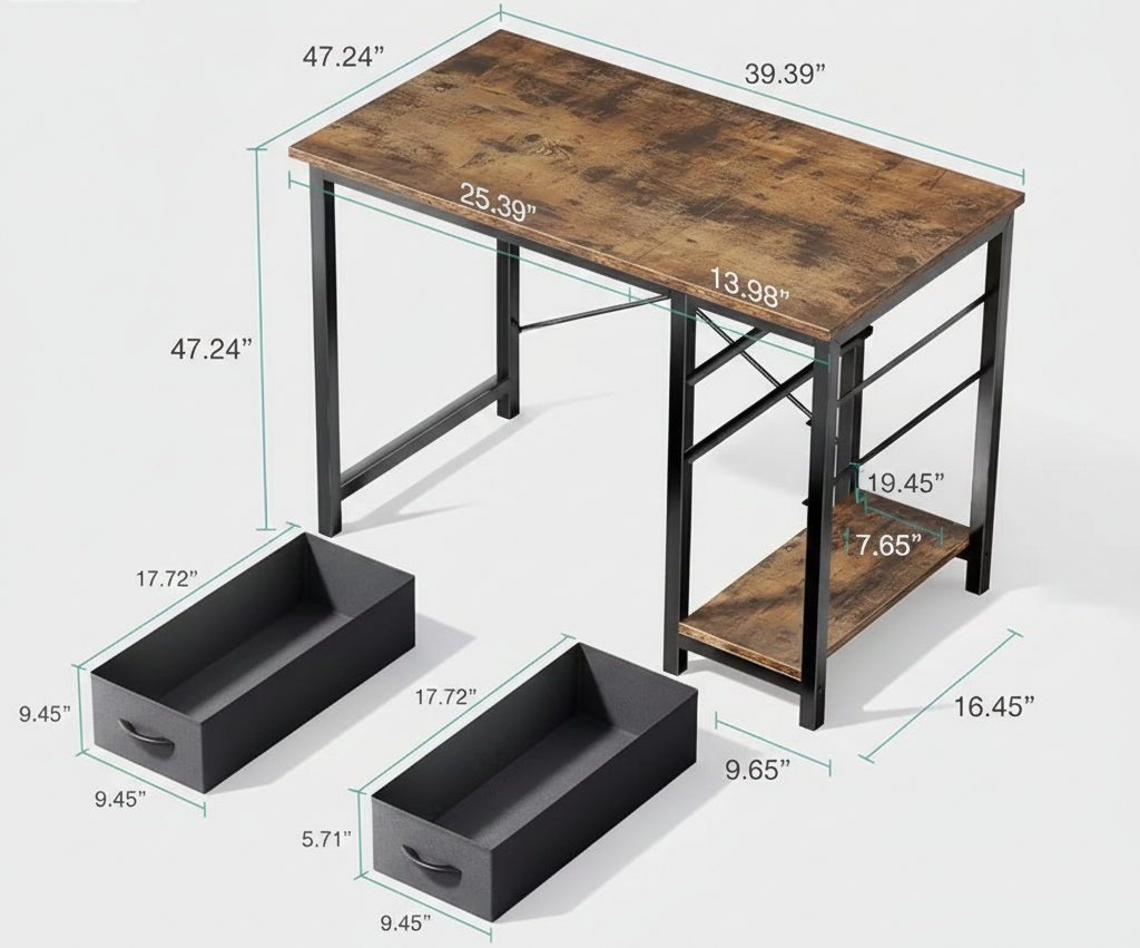 Computer Desk with Fabric Drawers – 40 or 47 Inch