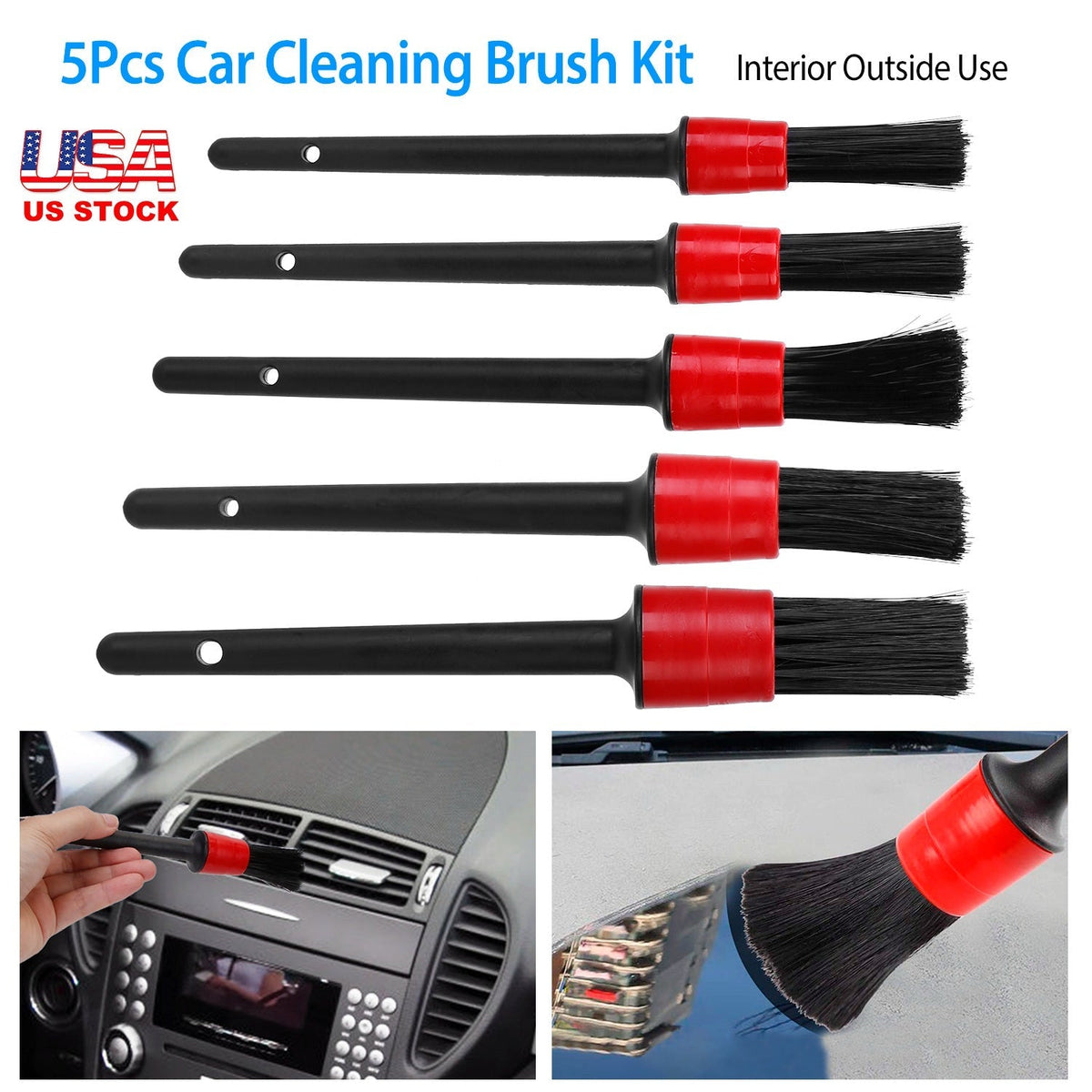 5Pcs Car Detailing Brush Set Detail Gap Cleaner For Automotive Dashboard Air Vent Wheels Cleaning Wet Dry Use